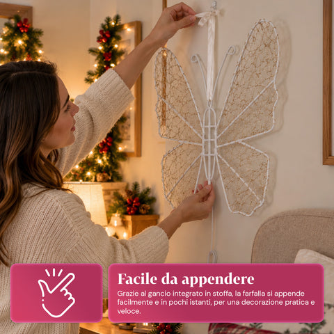 Farfalla Luminosa LED Bianca 50x40 cm – Lampada Decorativa in Ferro con Filo Dorato, Luci Bianche Calde e Fredde, Alimentazione USB e Gancio