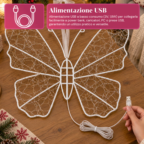 Farfalla Luminosa LED Bianca 50x40 cm – Lampada Decorativa in Ferro con Filo Dorato, Luci Bianche Calde e Fredde, Alimentazione USB e Gancio