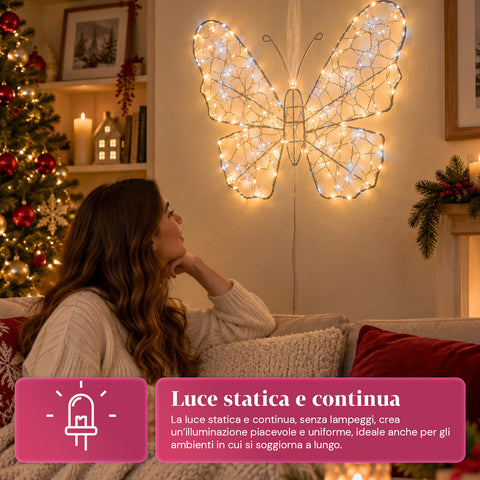 Farfalla Luminosa LED Bianca 50x40 cm – Lampada Decorativa in Ferro con Filo Dorato, Luci Bianche Calde e Fredde, Alimentazione USB e Gancio