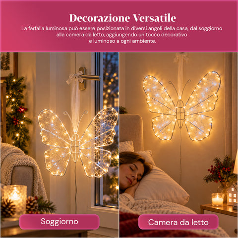 Farfalla Luminosa LED Bianca 50x40 cm – Lampada Decorativa in Ferro con Filo Dorato, Luci Bianche Calde e Fredde, Alimentazione USB e Gancio