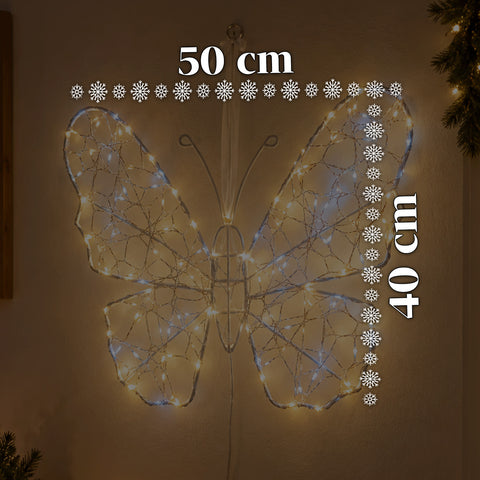 Farfalla Luminosa LED Bianca 50x40 cm – Lampada Decorativa in Ferro con Filo Dorato, Luci Bianche Calde e Fredde, Alimentazione USB e Gancio