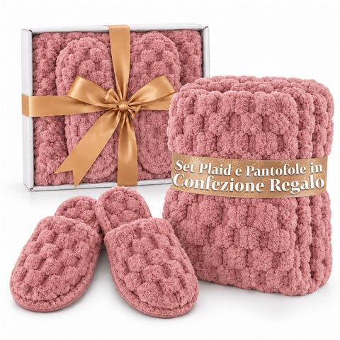 Set Coperta e Pantofole Soffici e Avvolgenti | Plaid Morbido 130x160 cm, Ciabatte Taglia Unica, 4 Colori