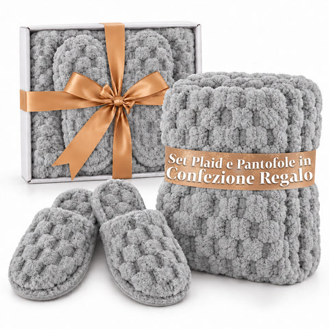 Set Coperta e Pantofole Soffici e Avvolgenti | Plaid Morbido 130x160 cm, Ciabatte Taglia Unica, 4 Colori