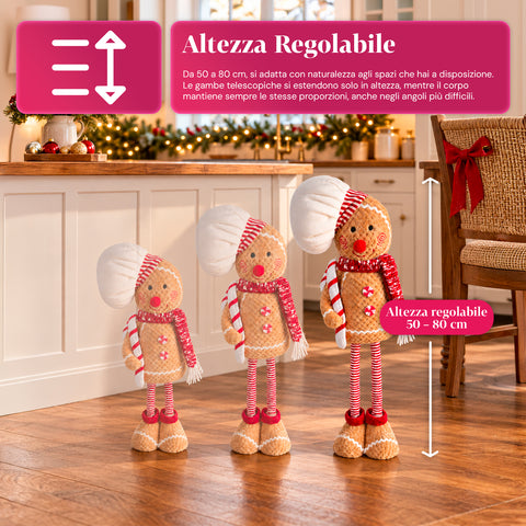 Pupazzo Pan di Zenzero Natalizio Espandibile 50-80 cm, Decorazione Natale in Peluche con Gambe Telescopiche, 2 Varianti