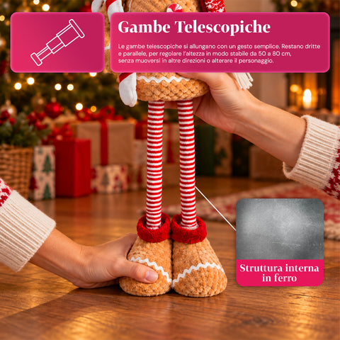 Pupazzo Pan di Zenzero Natalizio Espandibile 50-80 cm, Decorazione Natale in Peluche con Gambe Telescopiche, 2 Varianti