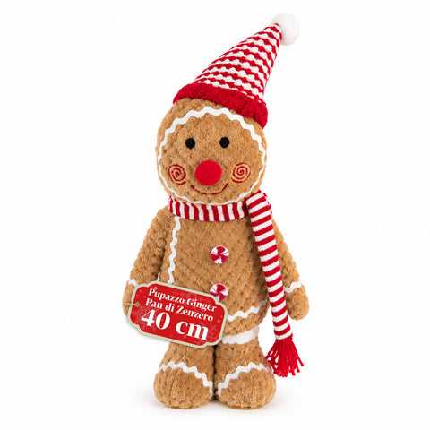 Pupazzo Ginger Pan di Zenzero in Peluche 30 e 40 cm – Decorazione Natalizia con Cappello da Chef o Berretto Natalizio