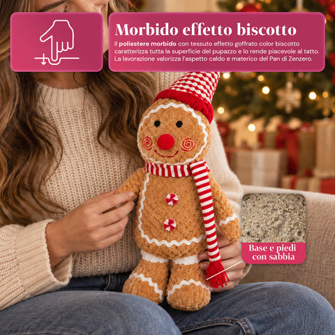 Pupazzo Ginger Pan di Zenzero in Peluche 30 e 40 cm – Decorazione Natalizia con Cappello da Chef o Berretto Natalizio