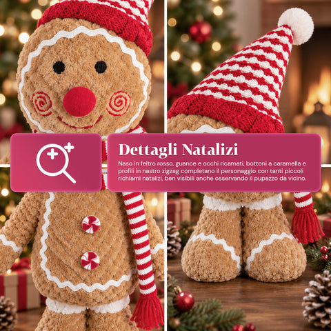 Pupazzo Ginger Pan di Zenzero in Peluche 30 e 40 cm – Decorazione Natalizia con Cappello da Chef o Berretto Natalizio