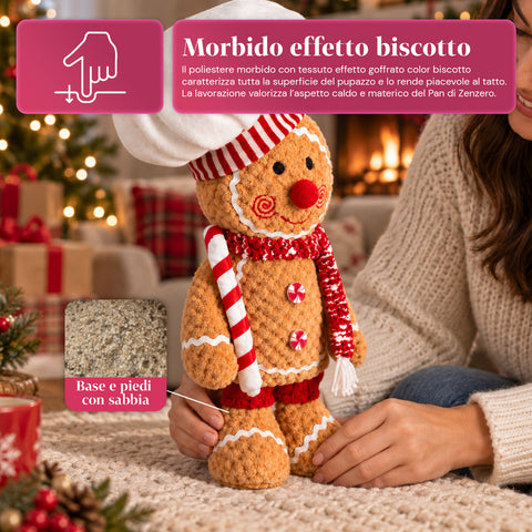 Pupazzo Ginger Pan di Zenzero in Peluche 30 e 40 cm – Decorazione Natalizia con Cappello da Chef o Berretto Natalizio