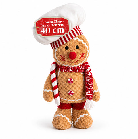 Pupazzo Ginger Pan di Zenzero in Peluche 30 e 40 cm – Decorazione Natalizia con Cappello da Chef o Berretto Natalizio
