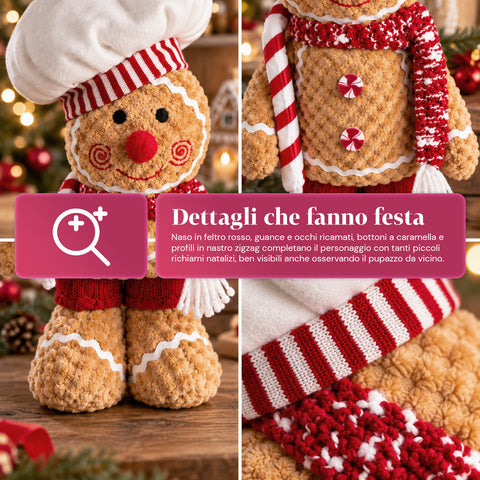 Pupazzo Ginger Pan di Zenzero in Peluche 30 e 40 cm – Decorazione Natalizia con Cappello da Chef o Berretto Natalizio
