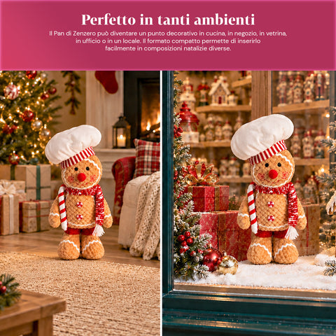 Pupazzo Ginger Pan di Zenzero in Peluche 30 e 40 cm – Decorazione Natalizia con Cappello da Chef o Berretto Natalizio
