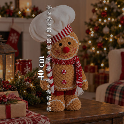 Pupazzo Ginger Pan di Zenzero in Peluche 30 e 40 cm – Decorazione Natalizia con Cappello da Chef o Berretto Natalizio