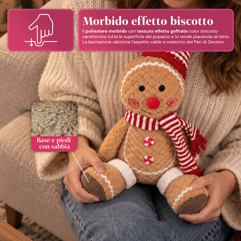 Pupazzo Ginger Pan di Zenzero in Peluche 30 e 40 cm – Decorazione Natalizia con Cappello da Chef o Berretto Natalizio
