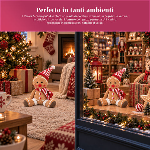 Pupazzo Ginger Pan di Zenzero in Peluche 30 e 40 cm – Decorazione Natalizia con Cappello da Chef o Berretto Natalizio