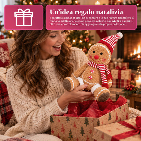 Pupazzo Ginger Pan di Zenzero in Peluche 30 e 40 cm – Decorazione Natalizia con Cappello da Chef o Berretto Natalizio