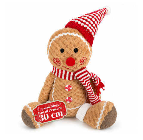Pupazzo Ginger Pan di Zenzero in Peluche 30 e 40 cm – Decorazione Natalizia con Cappello da Chef o Berretto Natalizio