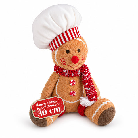 Pupazzo Ginger Pan di Zenzero in Peluche 30 e 40 cm – Decorazione Natalizia con Cappello da Chef o Berretto Natalizio