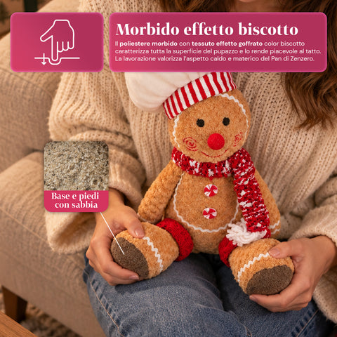 Pupazzo Ginger Pan di Zenzero in Peluche 30 e 40 cm – Decorazione Natalizia con Cappello da Chef o Berretto Natalizio