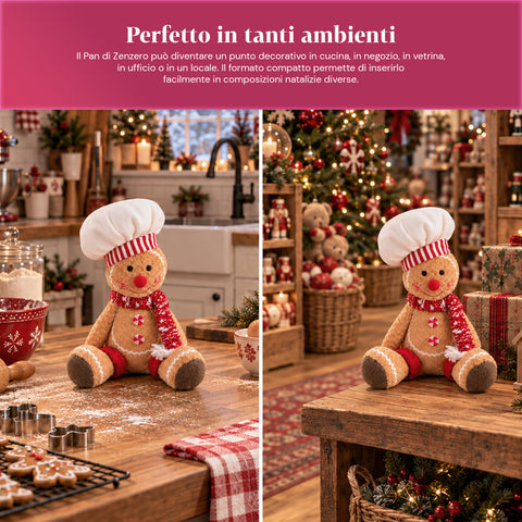 Pupazzo Ginger Pan di Zenzero in Peluche 30 e 40 cm – Decorazione Natalizia con Cappello da Chef o Berretto Natalizio