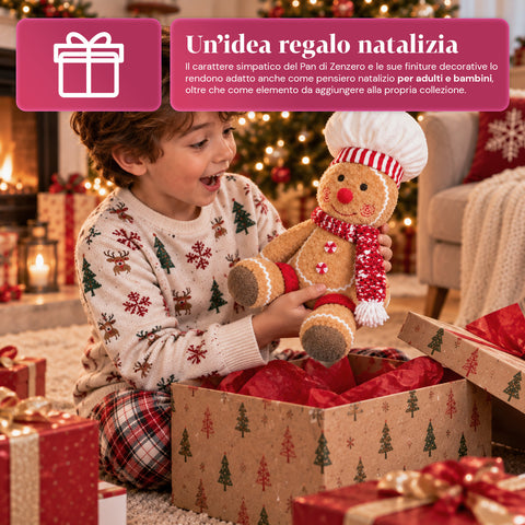 Pupazzo Ginger Pan di Zenzero in Peluche 30 e 40 cm – Decorazione Natalizia con Cappello da Chef o Berretto Natalizio