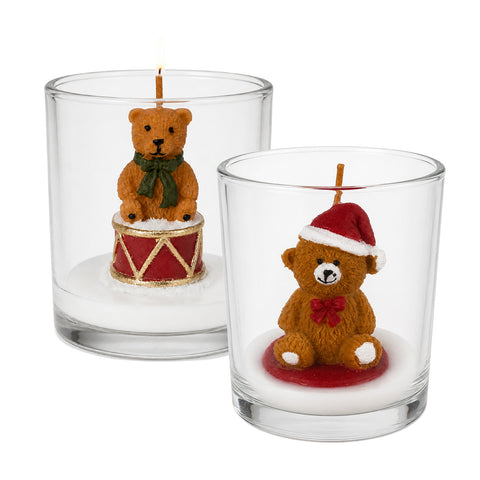 Candela Natalizia in Bicchiere di Vetro 7 cm con Orsetti Assortiti