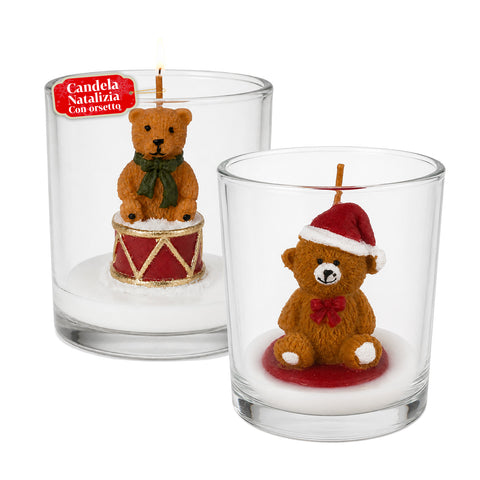 Candela Natalizia in Bicchiere di Vetro 7 cm con Orsetti Assortiti