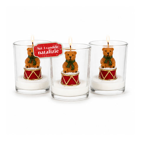 Candela Natalizia in Bicchiere di Vetro 7 cm - Orsetto con Cappello di Babbo Natale o Orso sul Tamburo - Decorazione e Centrotavola