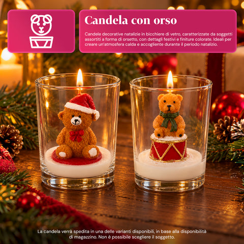 Candela Natalizia in Bicchiere di Vetro 7 cm con Orsetti Assortiti