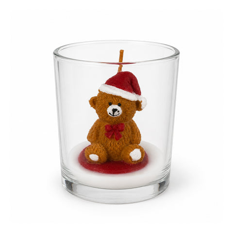 Candela Natalizia in Bicchiere di Vetro 7 cm - Orsetto con Cappello di Babbo Natale o Orso sul Tamburo - Decorazione e Centrotavola