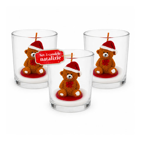 Candela Natalizia in Bicchiere di Vetro 7 cm - Orsetto con Cappello di Babbo Natale o Orso sul Tamburo - Decorazione e Centrotavola
