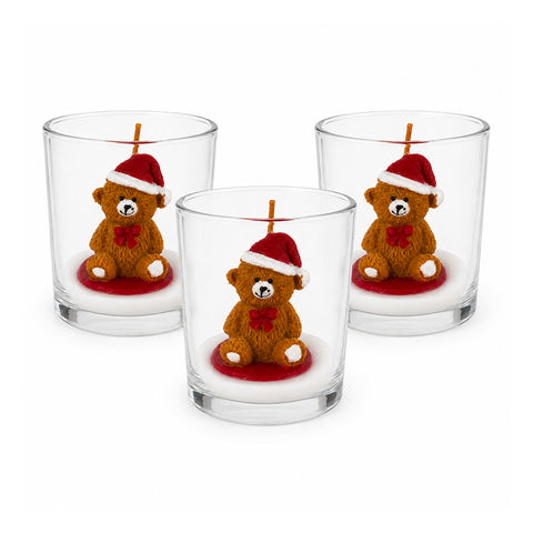 Candela Natalizia in Bicchiere di Vetro 7 cm - Orsetto con Cappello di Babbo Natale o Orso sul Tamburo - Decorazione e Centrotavola