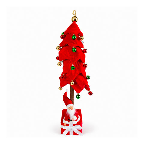 Albero di Natale Decorativo Estensibile 95 cm e 90 cm in Poliestere con Base Pacco Regalo e Palline Rosse, Verdi e Oro – 3 Varianti di Colore