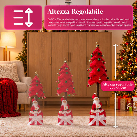 Albero di Natale Decorativo Estensibile 95 cm e 90 cm in Poliestere con Base Pacco Regalo e Palline Rosse, Verdi e Oro – 3 Varianti di Colore