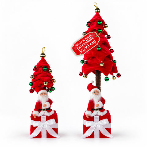 Albero di Natale Decorativo Estensibile 95 cm e 90 cm in Poliestere con Base Pacco Regalo e Palline Rosse, Verdi e Oro – 3 Varianti di Colore