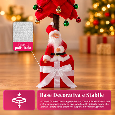 Albero di Natale Decorativo Estensibile 95 cm e 90 cm in Poliestere con Base Pacco Regalo e Palline Rosse, Verdi e Oro – 3 Varianti di Colore