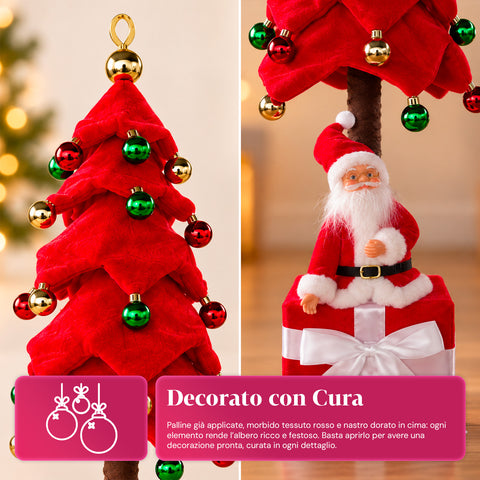 Albero di Natale Decorativo Estensibile 95 cm e 90 cm in Poliestere con Base Pacco Regalo e Palline Rosse, Verdi e Oro – 3 Varianti di Colore