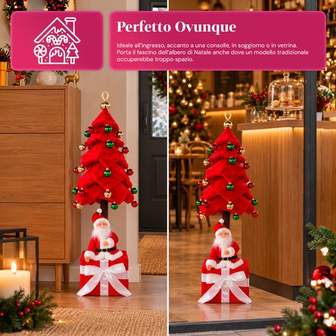 Albero di Natale Decorativo Estensibile 95 cm e 90 cm in Poliestere con Base Pacco Regalo e Palline Rosse, Verdi e Oro – 3 Varianti di Colore