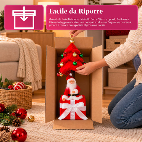 Albero di Natale Decorativo Estensibile 95 cm e 90 cm in Poliestere con Base Pacco Regalo e Palline Rosse, Verdi e Oro – 3 Varianti di Colore