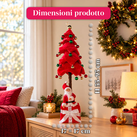 Albero di Natale Decorativo Estensibile 95 cm e 90 cm in Poliestere con Base Pacco Regalo e Palline Rosse, Verdi e Oro – 3 Varianti di Colore