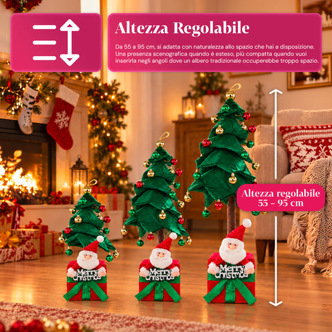 Albero di Natale Decorativo Estensibile 95 cm e 90 cm in Poliestere con Base Pacco Regalo e Palline Rosse, Verdi e Oro – 3 Varianti di Colore