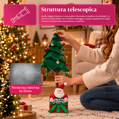 Albero di Natale Decorativo Estensibile 95 cm e 90 cm in Poliestere con Base Pacco Regalo e Palline Rosse, Verdi e Oro – 3 Varianti di Colore