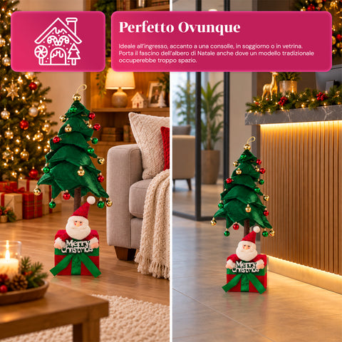 Albero di Natale Decorativo Estensibile 95 cm e 90 cm in Poliestere con Base Pacco Regalo e Palline Rosse, Verdi e Oro – 3 Varianti di Colore