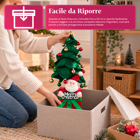 Albero di Natale Decorativo Estensibile 95 cm e 90 cm in Poliestere con Base Pacco Regalo e Palline Rosse, Verdi e Oro – 3 Varianti di Colore