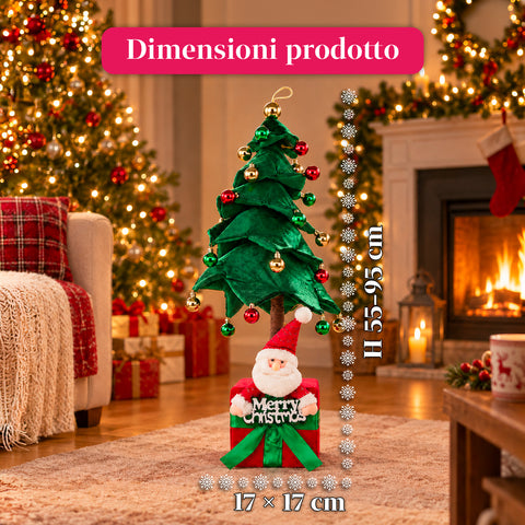 Albero di Natale Decorativo Estensibile 95 cm e 90 cm in Poliestere con Base Pacco Regalo e Palline Rosse, Verdi e Oro – 3 Varianti di Colore