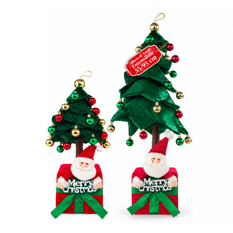 Albero di Natale Decorativo Estensibile 95 cm e 90 cm in Poliestere con Base Pacco Regalo e Palline Rosse, Verdi e Oro – 3 Varianti di Colore