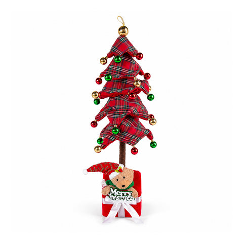Albero di Natale Decorativo Estensibile 95 cm e 90 cm in Poliestere con Base Pacco Regalo e Palline Rosse, Verdi e Oro – 3 Varianti di Colore