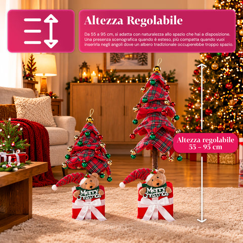 Albero di Natale Decorativo Estensibile 95 cm e 90 cm in Poliestere con Base Pacco Regalo e Palline Rosse, Verdi e Oro – 3 Varianti di Colore