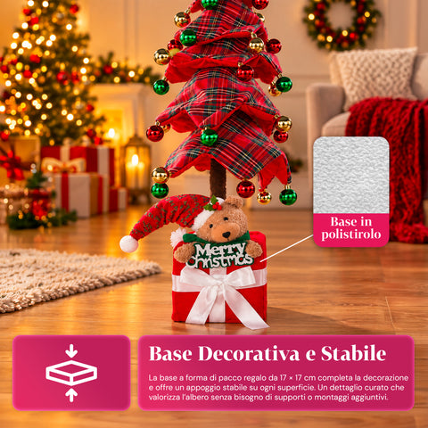 Albero di Natale Decorativo Estensibile 95 cm e 90 cm in Poliestere con Base Pacco Regalo e Palline Rosse, Verdi e Oro – 3 Varianti di Colore
