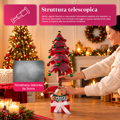 Albero di Natale Decorativo Estensibile 95 cm e 90 cm in Poliestere con Base Pacco Regalo e Palline Rosse, Verdi e Oro – 3 Varianti di Colore